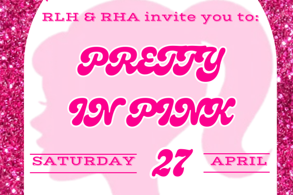 Pink flyer with letters "Pretty In Pink" happening on Saturday, April 27th, 2024.
