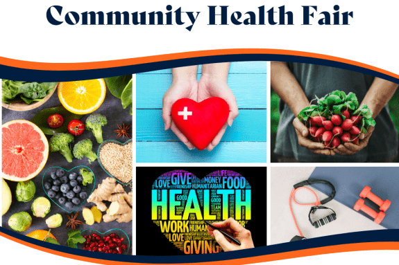 Text on image says: Community health Fair, and it has a collage of healthy foods and exercise equipment.