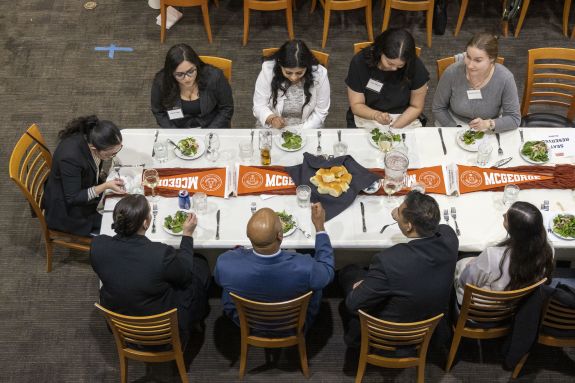 An aerial view of students eating