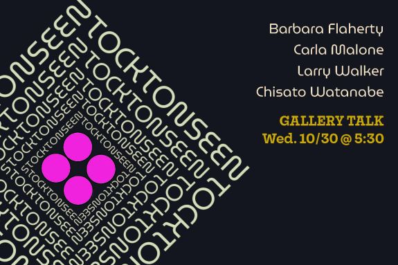 Tan text on black ground announcing artist names and date for gallery talk