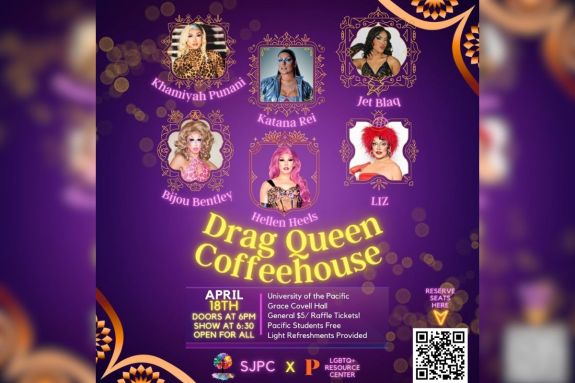 Drag Queen Coffeehouse, April 18, 2025, 6:00pm-8:30pm, Grace Covell Hall, Free for Pacific Students with I.D., $5 for General Seating