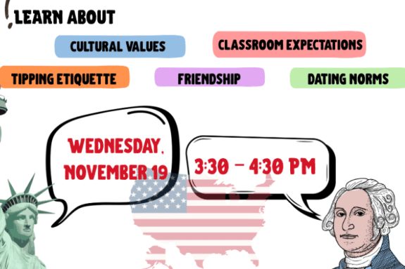 “Flyer for International Education Week: Navigating U.S. Culture Workshop at University of the Pacific. Event will be held on Wednesday, November 19, from 3:30 to 4:30 PM in the Pacific Global Classroom on the 2nd floor of the library. The flyer highlights discussion topics including cultural values, classroom expectations, tipping etiquette, friendship, and dating norms. It features images of the Statue of Liberty, George Washington, and patriotic decorations. Hosted by Pacific Global and the Office of Ori