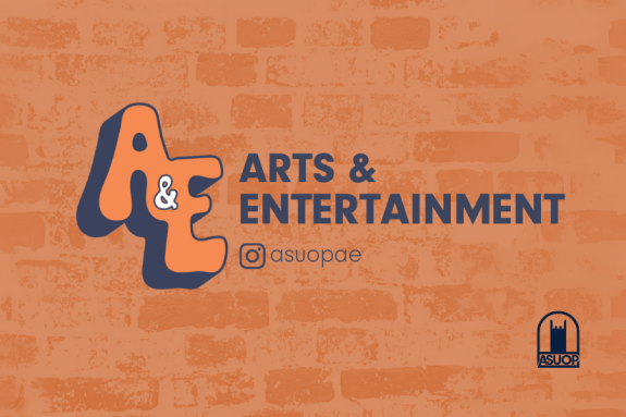 Promotional graphic for ASUOP Arts & Entertainment. Text reads: ‘Arts & Entertainment’ Follow on Instagram at @asuopae