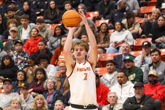 A basketball player shooting a three.