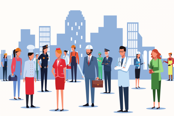 illustration of business people in front of skyscrapers