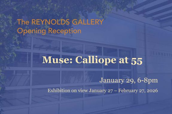 Blue photo of gallery with exhibition infomation