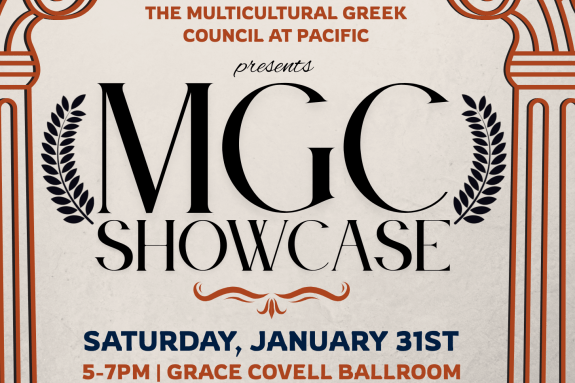 Flyer for the Multicultural Greek Council (MGC) at Pacific promoting the “MGC Showcase.” The design features ornate Greek-style columns and decorative borders. The main headline reads “MGC Showcase.” Event details: Saturday, January 31st, from 5–7 PM in the Grace Covell Ballroom. The flyer displays Greek-letter organizations: ΓΖΑ, ΓΑΩ, ΡΑΧ, ΛΘΦ, and ΞΣ. A message invites attendees to meet MGC organizations, enjoy cultural performances, and participate in giveaways