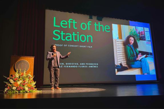 Student presenting his short film for the Creative Media Showcase in 2025