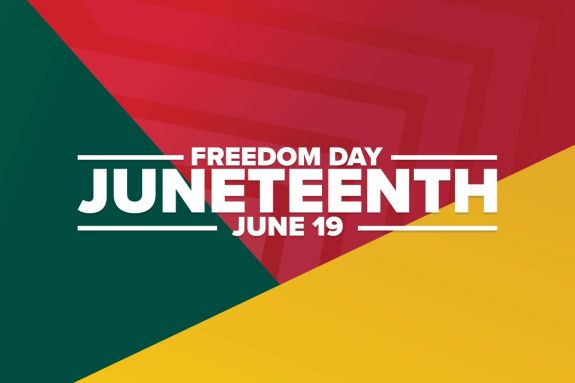 Text over a red, yellow, and green background that reads: Freedom Day, Juneteenth, June 19