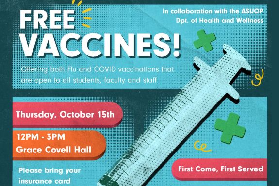 a syringe is overlaid on a teal background with event details and a QR code