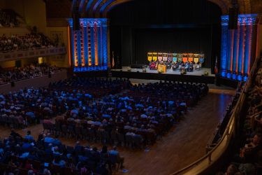 Photo of McGeorge School of Law commencement celebration at Sacramento Memorial Auditorium.