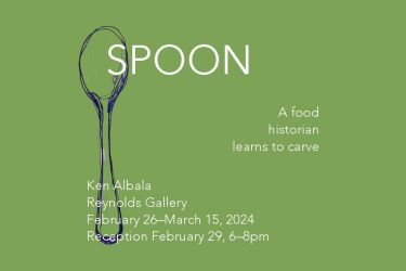 A drawing of a spoon with exhibition announcement text on green ground