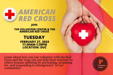 Come learn about how you can play a vital role in our community with the American Red Cross on Tuesday, February 27, 2024 from 11:30AM-1:30PM in the DUC. Registration to the different roles you can volunteer for will be available! 