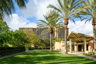 Front of Sheraton Hotel Property of grass and palm trees