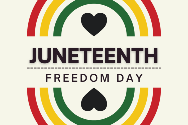 Small flyer with red, yellow, and green colored arcs around text that says Juneteenth: Freedom Day.