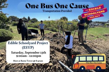 Volunteer Opportunity!  One Bus One Cause volunteer events through the Volunteer Center have started. Our first event of September will be at The Edible Schoolyard Project (ESYP). We will be assisting at the farm for their Volunteer Day. The Volunteer Center will provide transportation to and from The Edible Schooyard Project from 9:00am to 12:00pm.   Join us at the farm, register today!  Contact the Volunteer Center at volunteercenter@pacific.edu with any questions.  "Serve with heart, Serve with Pacific"