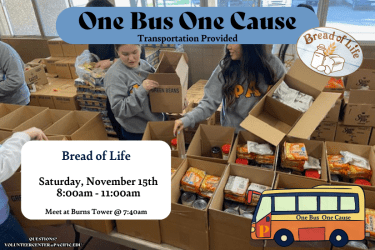 November Volunteer Opportunity!  One Bus One Cause volunteer events through the Volunteer Center have started for November. Join us as we volunteer for a food distribution event with Bread of Life to the community. The Volunteer Center will provide transportation to and from Bread of Life from 8:00am to 11:00am.  Register today!  Contact the Volunteer Center at volunteercenter@pacific.edu with any questions.  "Serve with heart, Serve with Pacific”