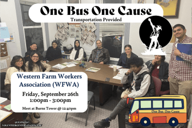 Volunteer Opportunity!  Join us on Friday, September 26th for the last community outreach event for September. We will provide transportation to and from Western Farm Workers Association (WFWA) from 1:00 p.m. to 3:00 p.m.  Register today!  Contact the Volunteer Center at volunteercenter@pacific.edu with any questions.  "Serve with heart, Serve with Pacific”