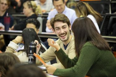 Students laughing and talking.