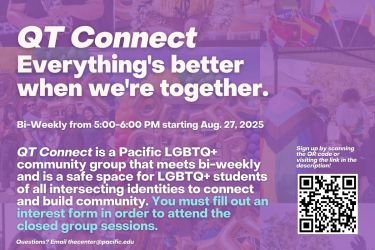 QT Connect meets biweekly starting Wednesday, Aug. 27, 5:00-6:00pm in the LGBTQ+ Lounge, 1st floor McCaffrey