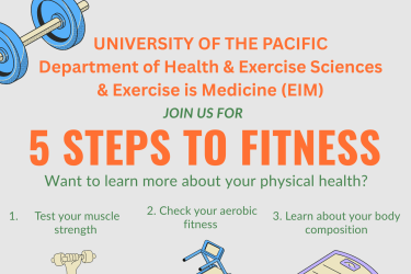 Join the Department of Health & Exercise Sciences and Exercise is Medicine (EIM) for 5 Steps to Fitness on October 7th from 12–1pm in the Health & Exercise Science Building. This interactive event gives you the chance to test your muscle strength, check aerobic fitness, learn about body composition, measure flexibility, and check your blood pressure. Open to all students and faculty, come learn more about your physical health in a fun, hands-on way!