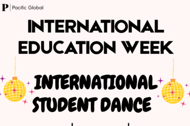 Flyer for International Education Week: International Student Dance at University of the Pacific. Event takes place on Friday, November 21, from 7:30 PM to 10:30 PM in the DUC Ballroom. The flyer invites all Pacific students to join for music, dancing, and food, celebrating students from around the world. It includes illustrations of disco balls and students dancing with confetti. Hosted by Pacific Global.