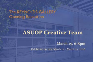 Blue photo of gallery with exhibition infomation