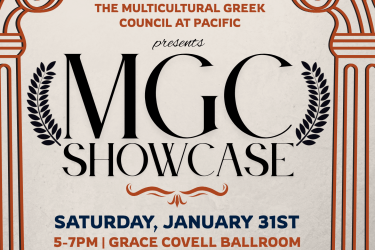 Flyer for the Multicultural Greek Council (MGC) at Pacific promoting the “MGC Showcase.” The design features ornate Greek-style columns and decorative borders. The main headline reads “MGC Showcase.” Event details: Saturday, January 31st, from 5–7 PM in the Grace Covell Ballroom. The flyer displays Greek-letter organizations: ΓΖΑ, ΓΑΩ, ΡΑΧ, ΛΘΦ, and ΞΣ. A message invites attendees to meet MGC organizations, enjoy cultural performances, and participate in giveaways