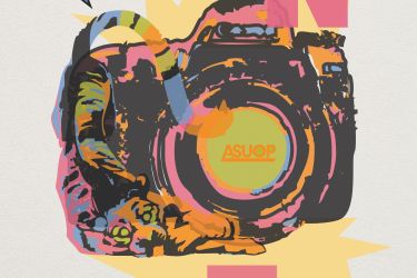 Pink letters and multi colored camera advertise gallery show