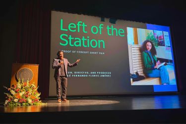 Student presenting his short film for the Creative Media Showcase in 2025