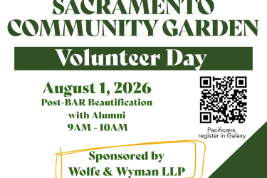 A green background with the words "Sacramento Community Garden Volunteer Day" On August 1st.