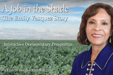 A woman with brown hair wearing a blue shirt headshot sits on one side of the screen while text on the screen reads "A Job in the Shade. The Emily Vasquez Story."