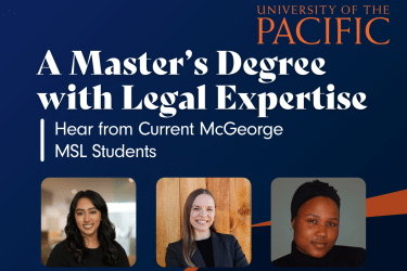 A blue and orange decal with three professional headshots with the words "A Master's Degree with Legal Exprtise." 