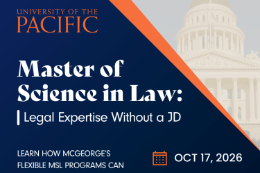 A blue and orange banner that says "Master of Science in Law: Legal expertise without a JD"