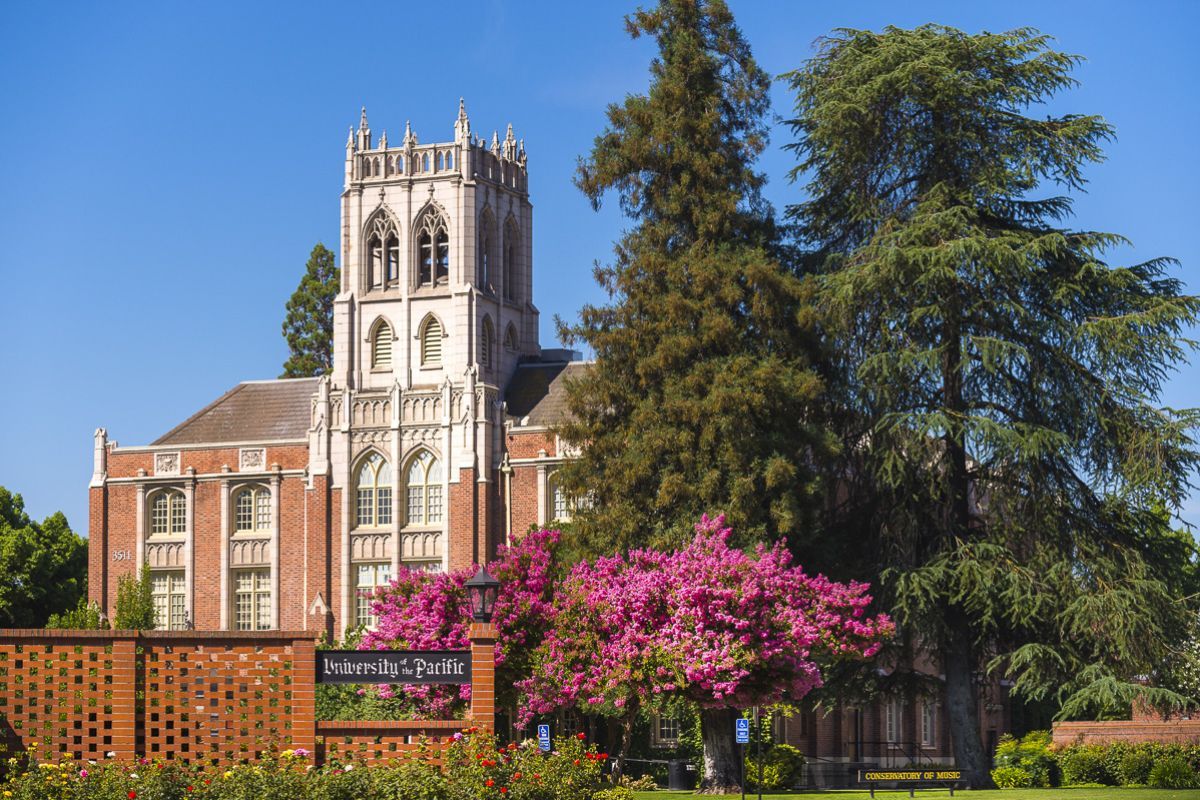 exterior of Faye Spanos Concert Hall in the spring