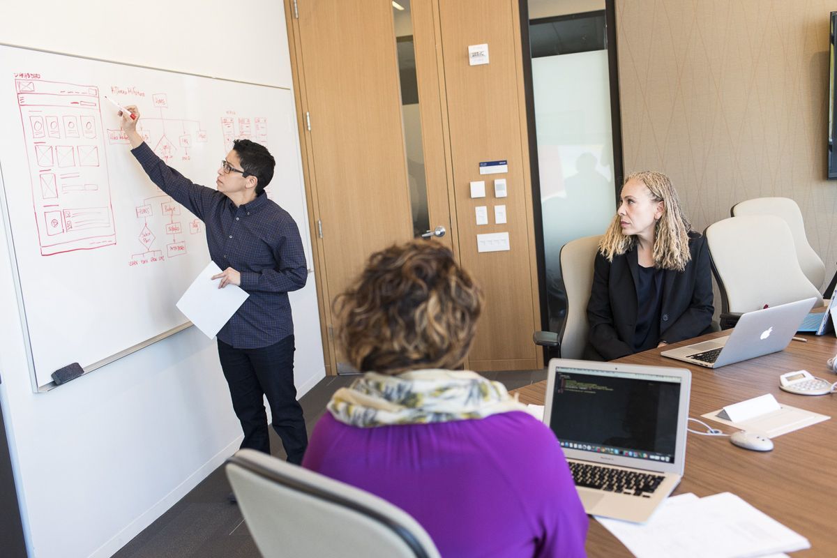 person writing on whiteboard in front of co-workers