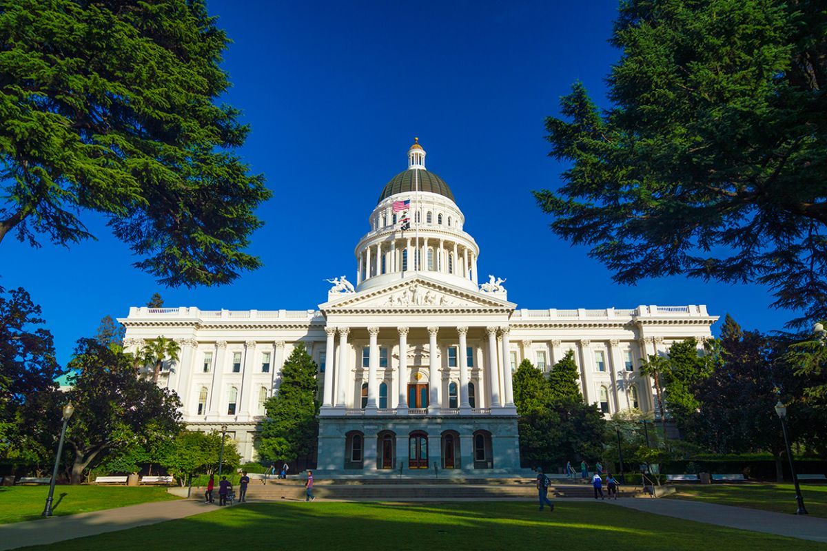 California State Capitol building, wide angle with trees stock photo