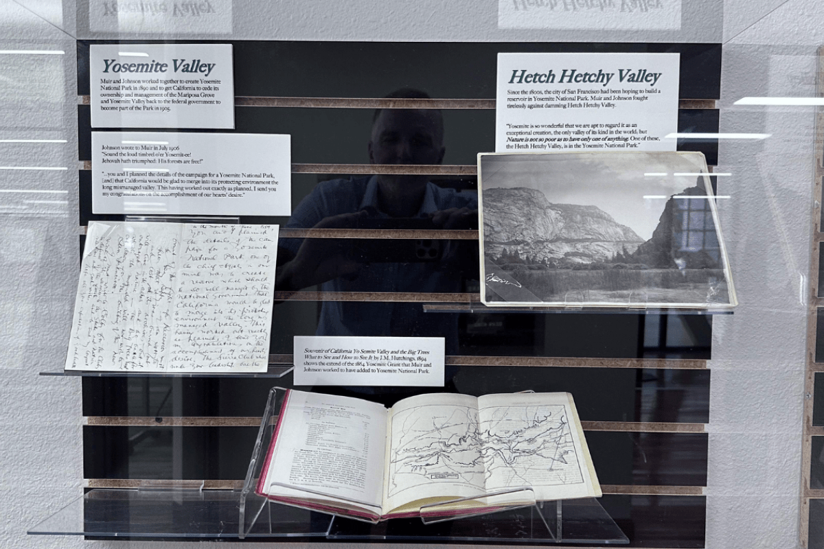 Physical exhibit case on back room of Muir Experience on Yosemite Valley and Hetch-Hetchy Valley