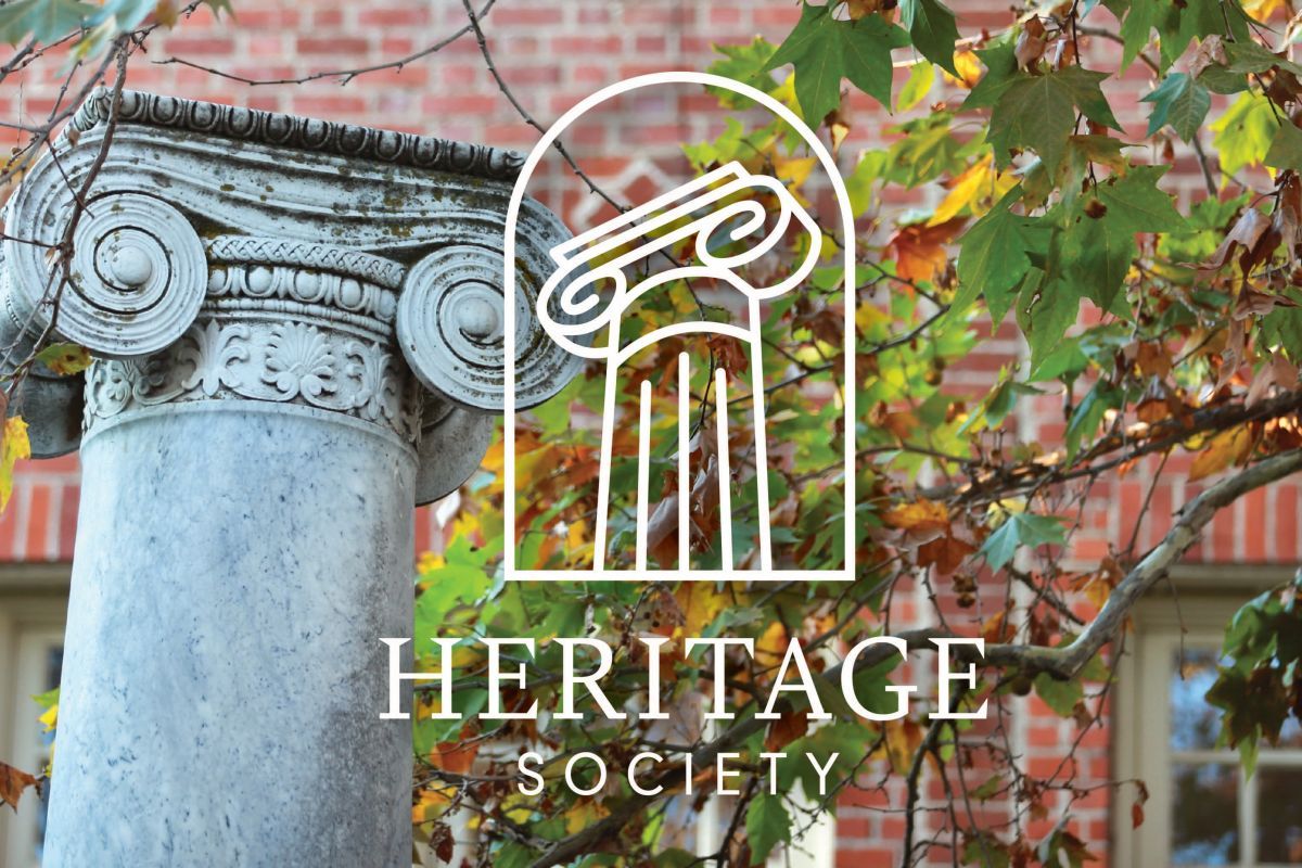 Heritage Society Logo overlaid on a background with columns