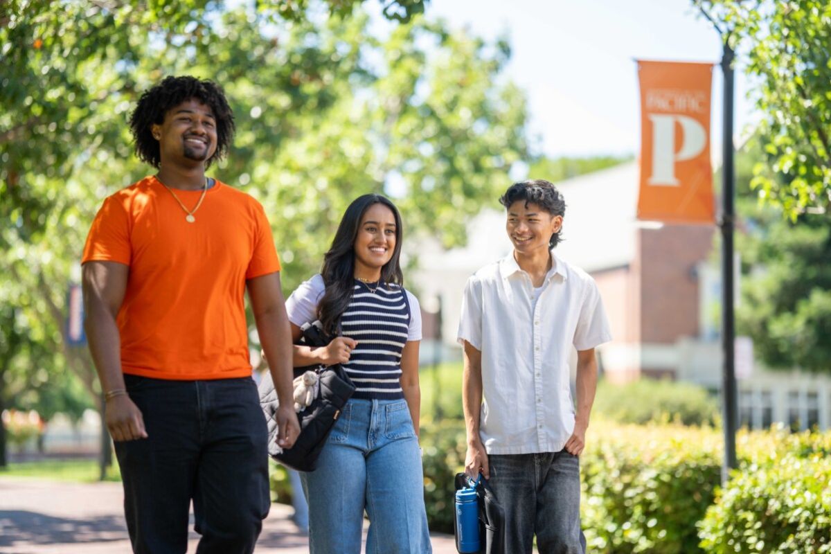 Pacific students walk on the Stockton Campus