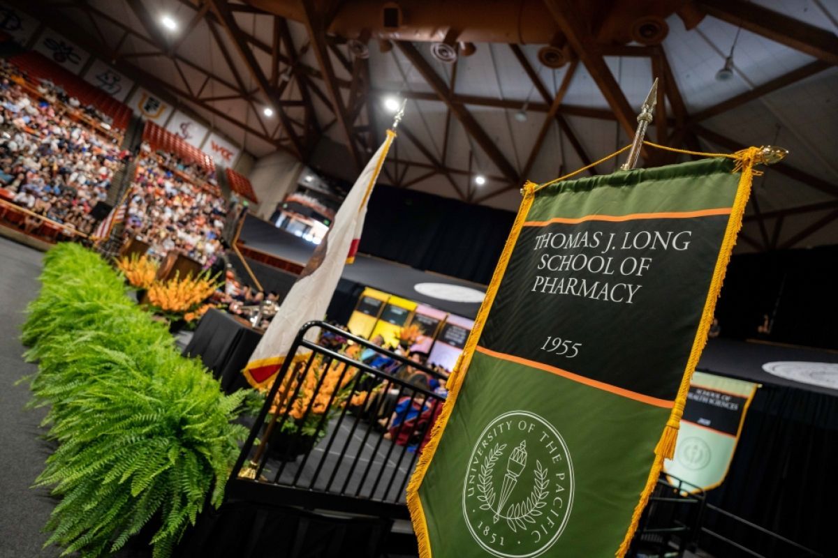 Photo of the School's gonfalon at Commencement