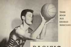 George Moscone holding a basketball and caption from 1951 newspaper article