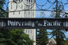 University of the Pacific archway sign with Burns Tower in background