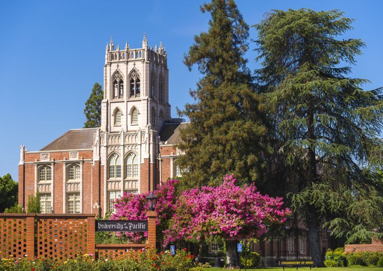 exterior of Faye Spanos Concert Hall in the spring