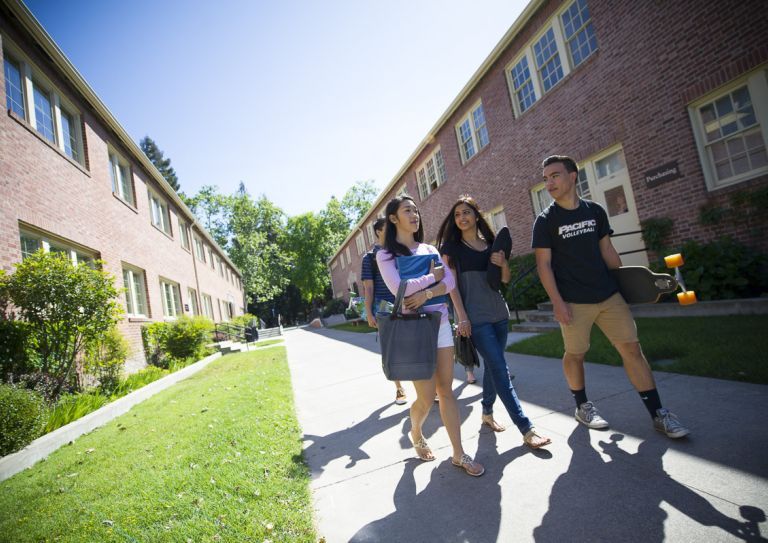 students walking by residence halls