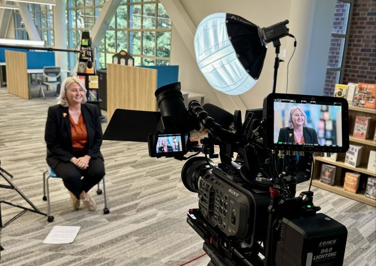 An interview is filmed at University of the Pacific