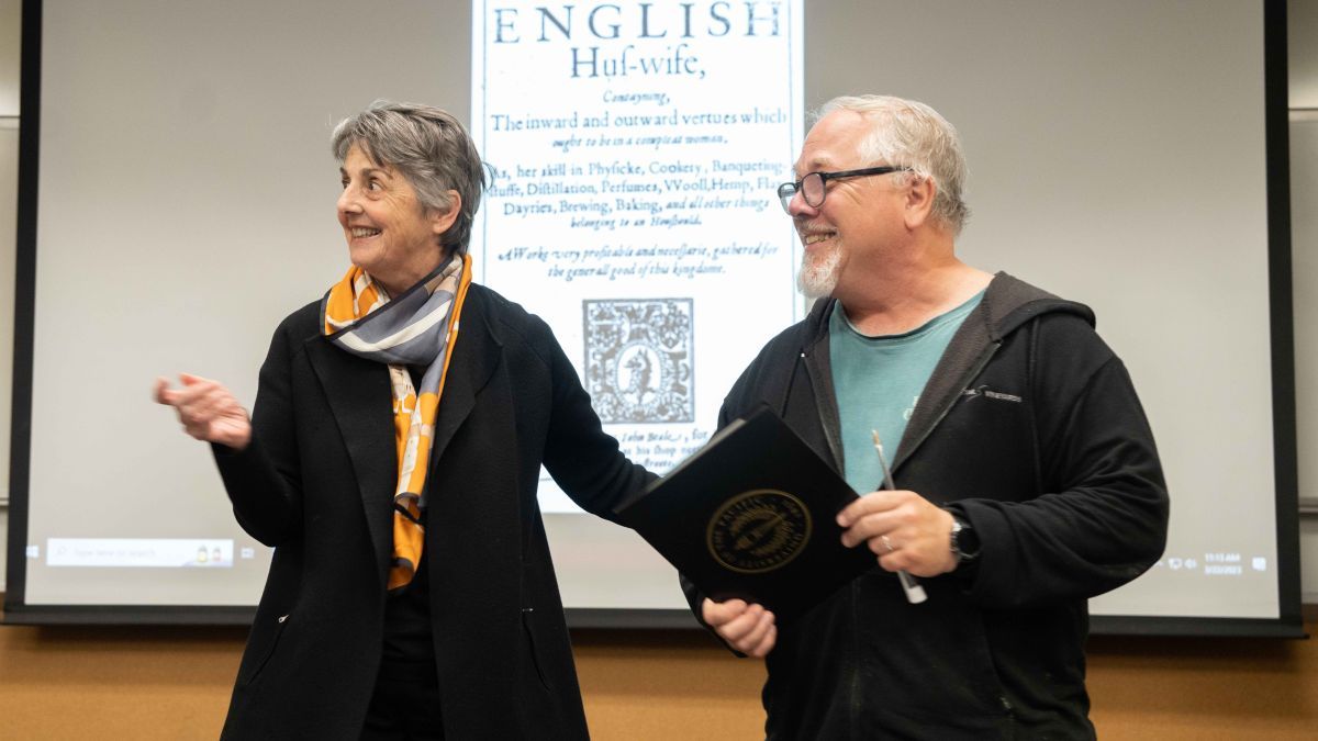 Maria Pallavicini stands with Ken Albala at the front of a classroom
