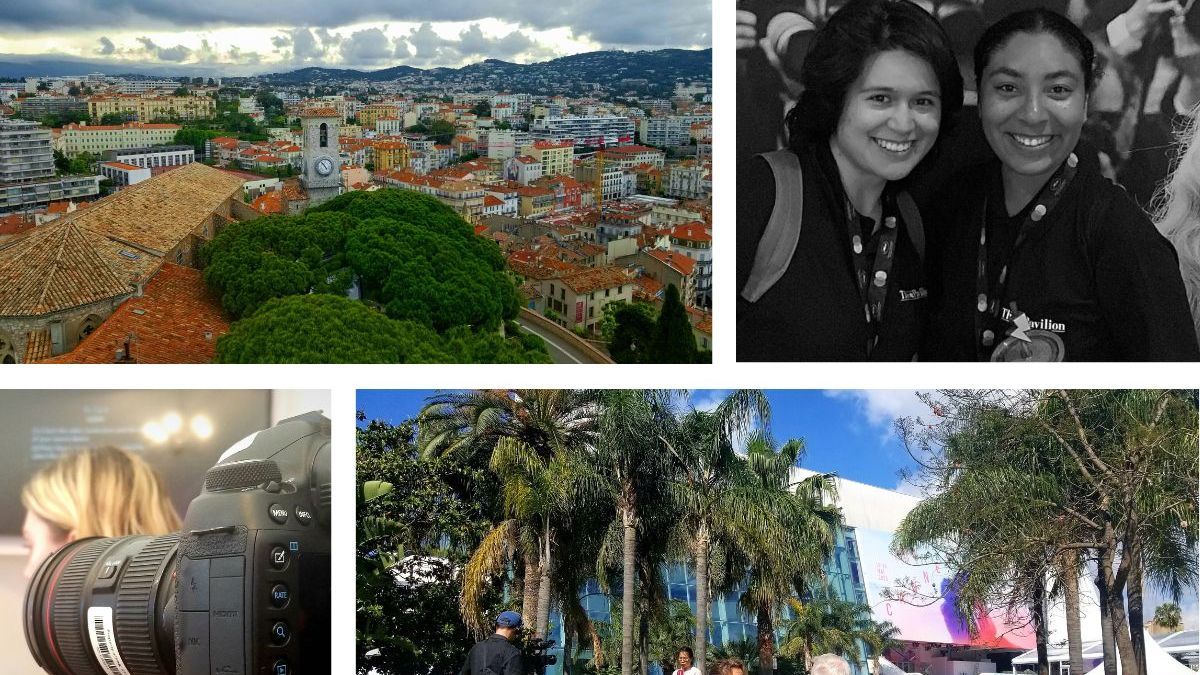 a montage of four photos showing the French landscape, a camera and two students posing for a photo