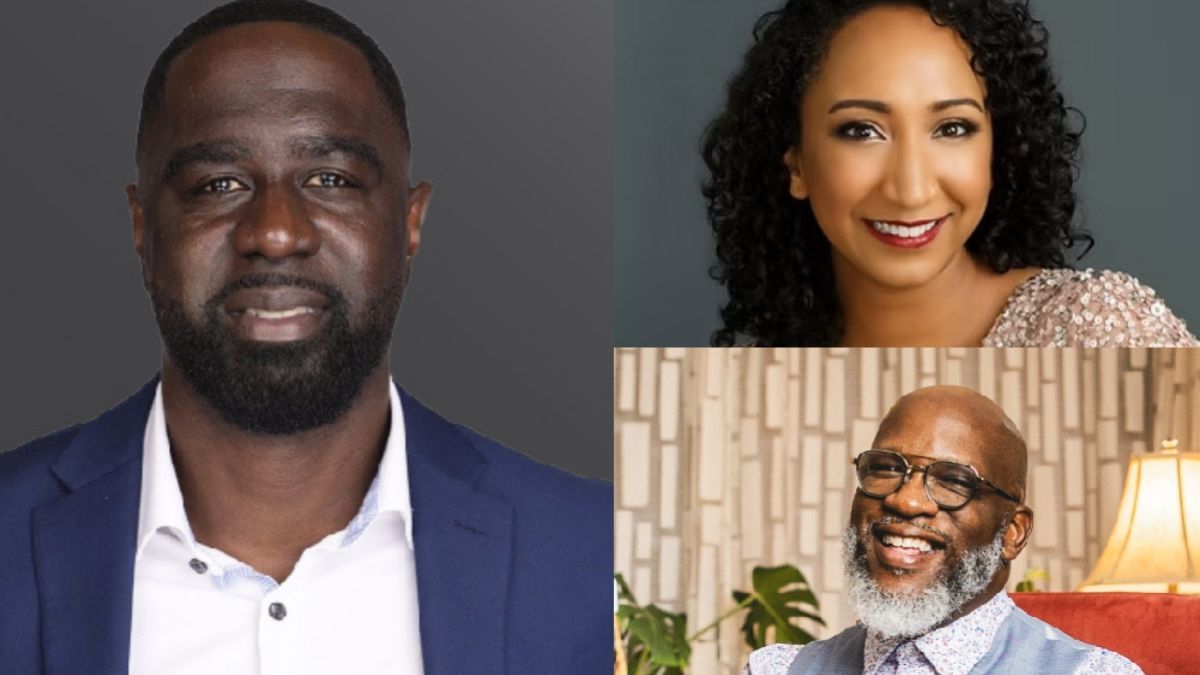 a montage of images showing three people