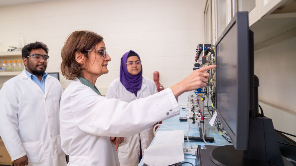 Professor Roshanak Rahimian points to a computer screen in her lab
